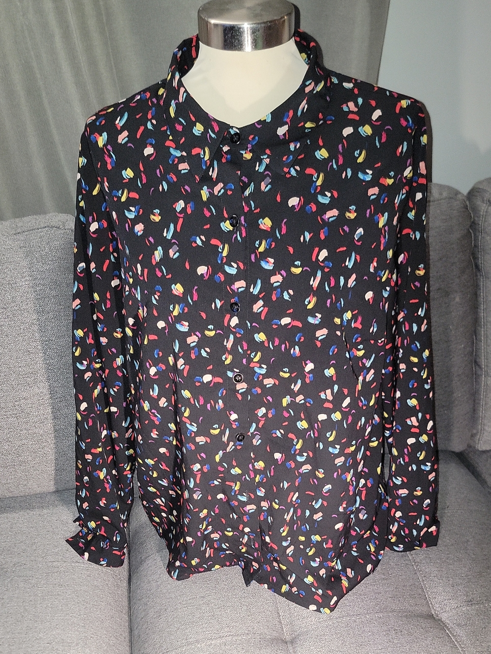 CAbi Black Button-Up Top with Multicolor Confetti Print